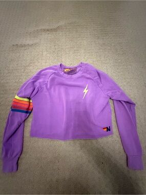 Aviator Nation Lavender Cropped Crewneck with Multicolor Stripe Sleeve